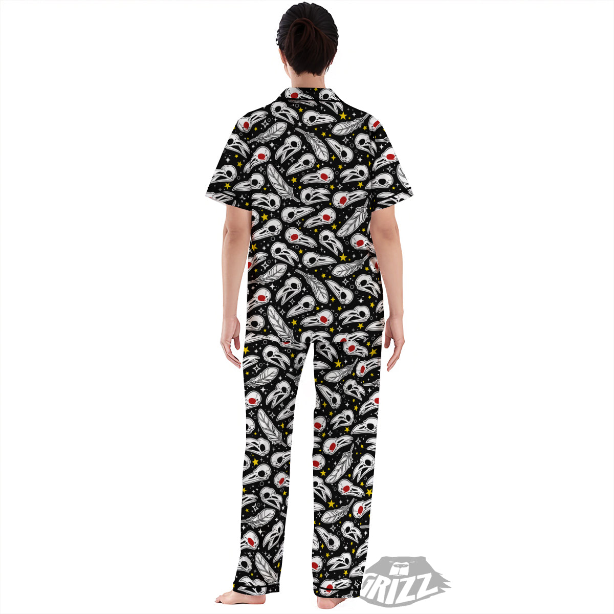 Crow Skull And Feathers Print Pattern Women's Pajamas Set-grizzshop