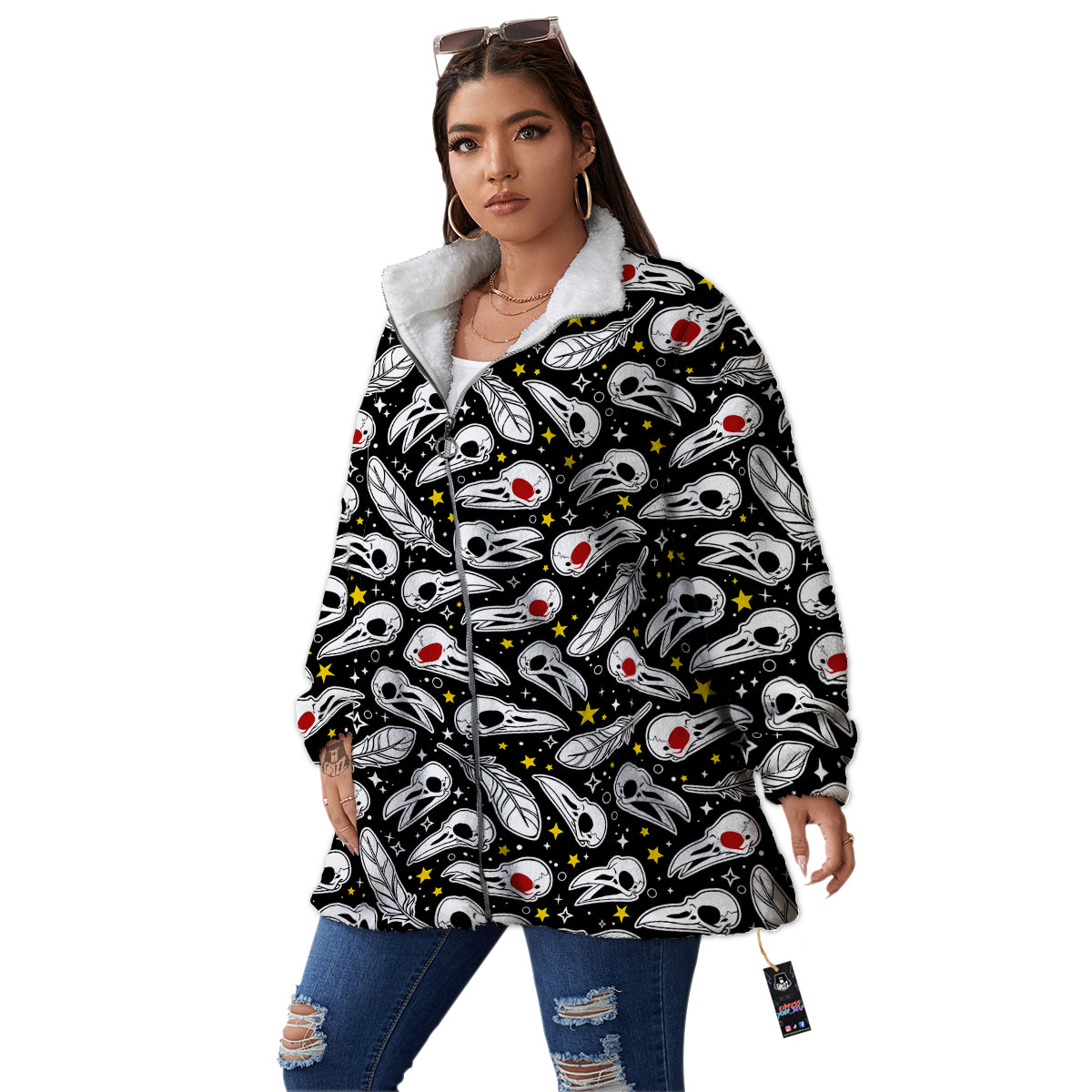 Crow Skull And Feathers Print Pattern Women's Sherpa Jacket-grizzshop