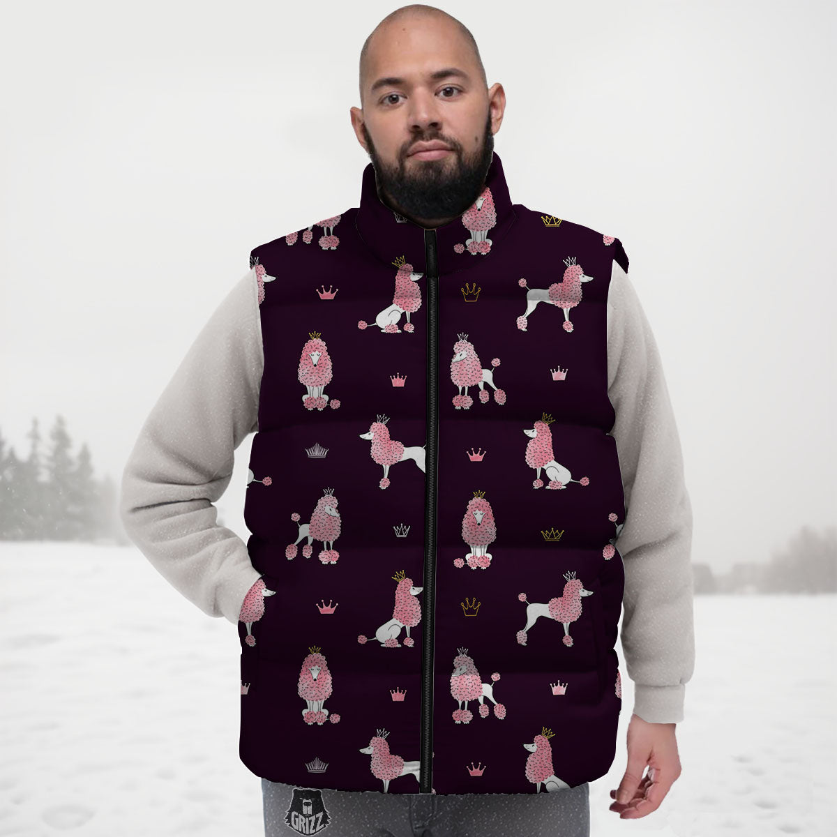 Crown And Poodle Print Pattern Down Vest-grizzshop