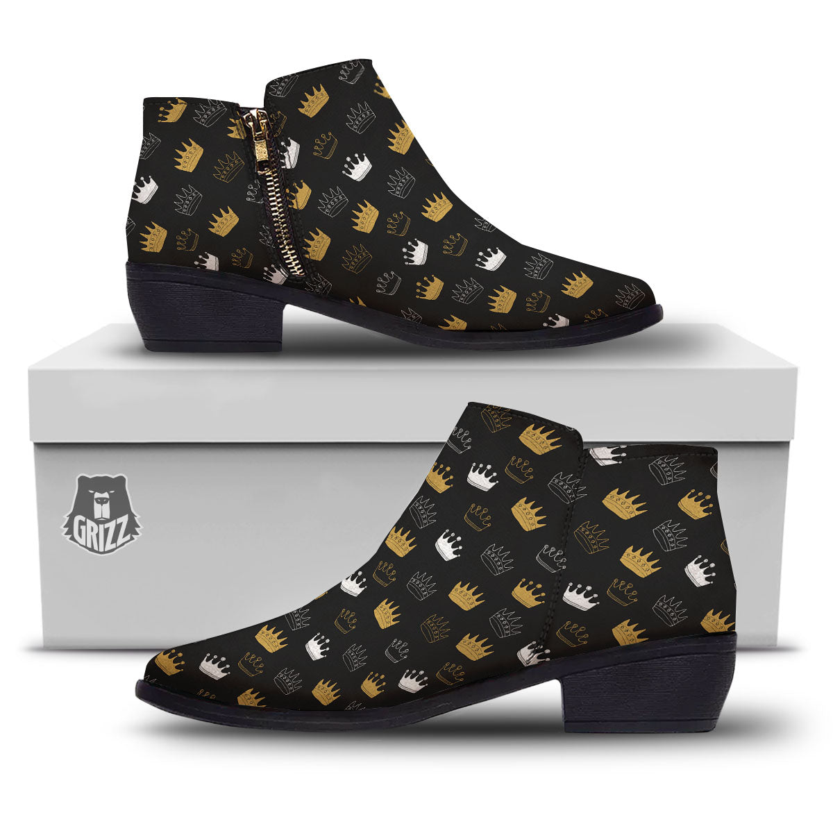 Crown Doodle Print Pattern Ankle Boots-grizzshop