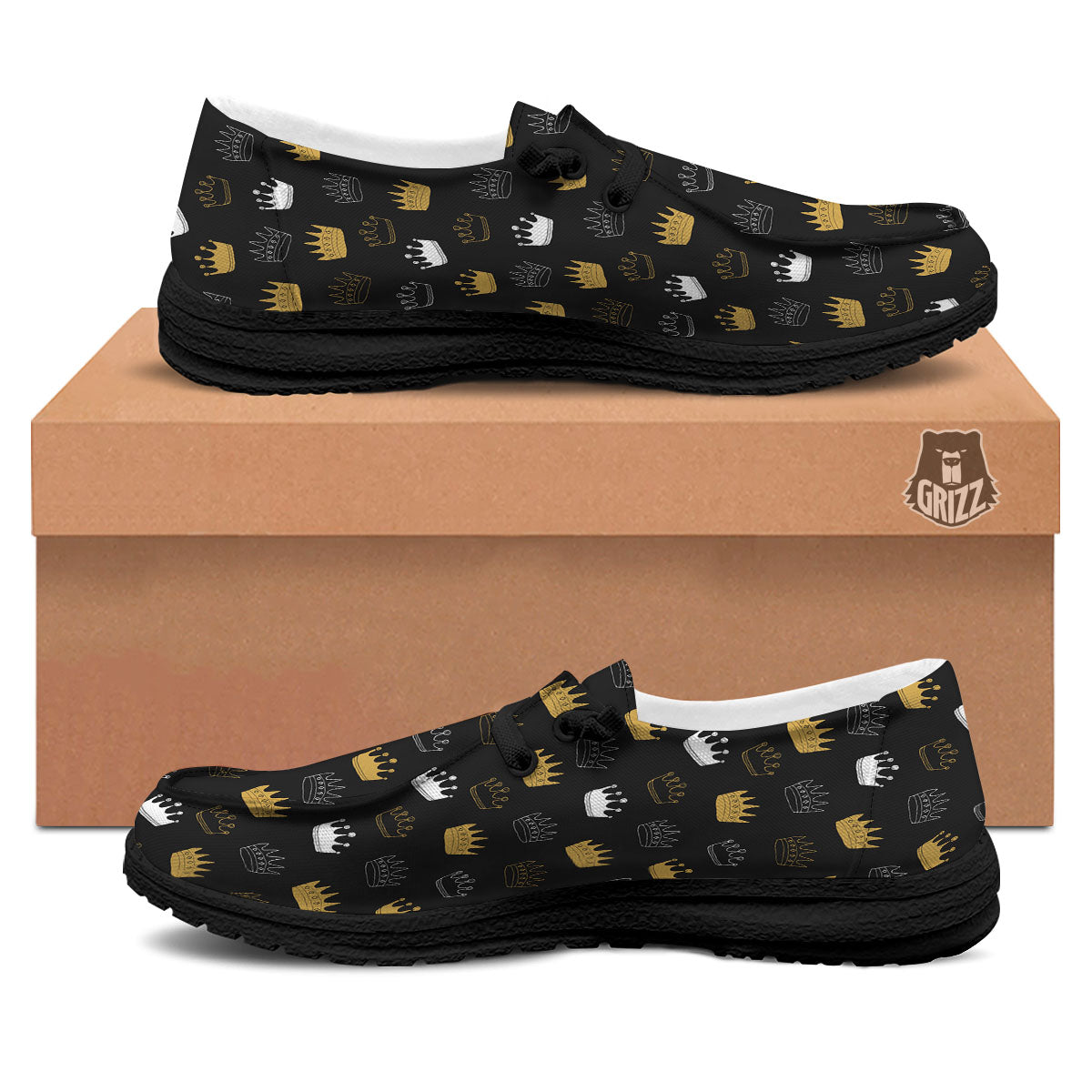 Crown Doodle Print Pattern Black Loafers-grizzshop