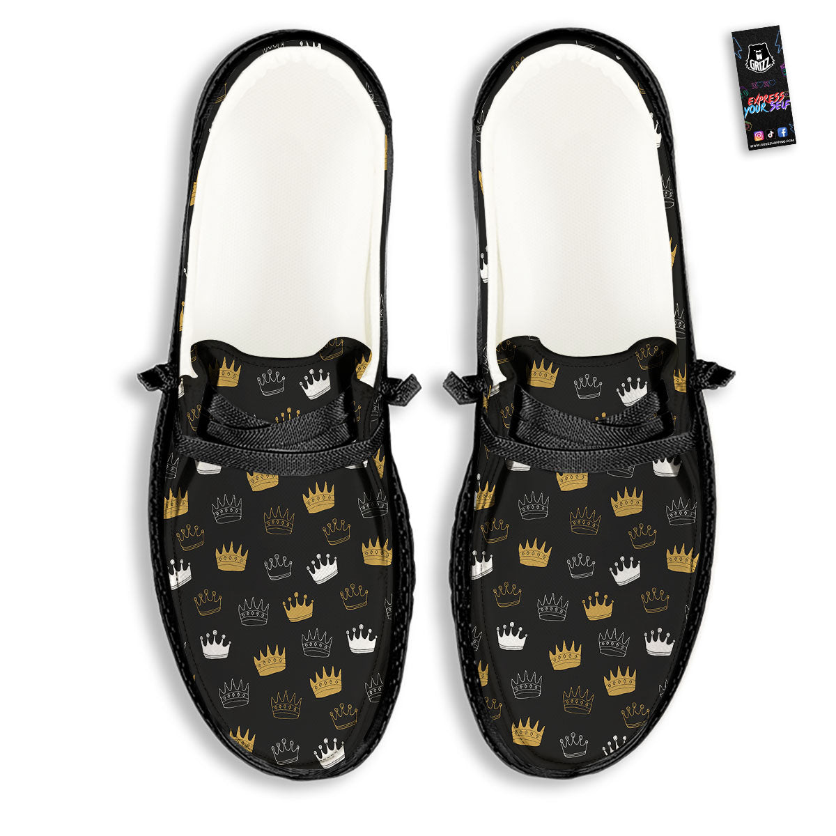 Crown Doodle Print Pattern Black Loafers-grizzshop