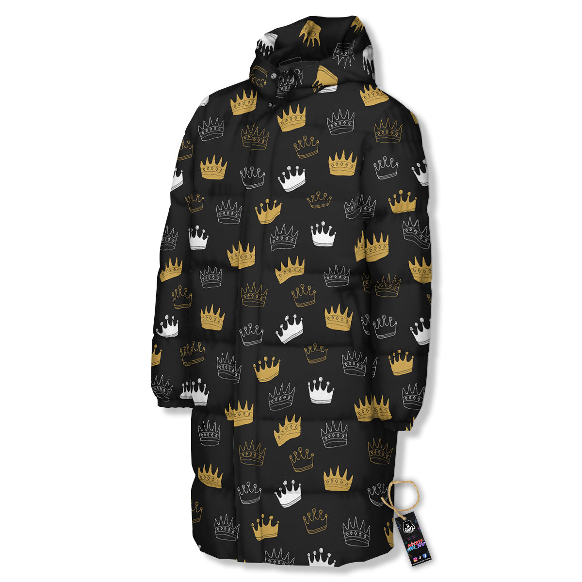 Crown Doodle Print Pattern Long Down Jacket-grizzshop