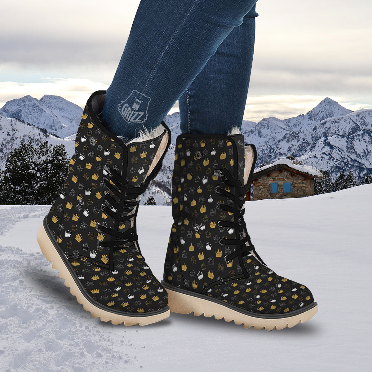 Crown Doodle Print Pattern Snow Boots-grizzshop