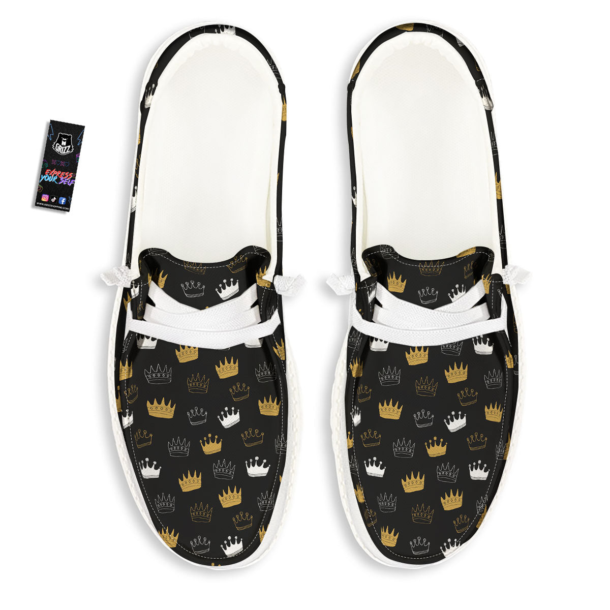 Crown Doodle Print Pattern White Loafers-grizzshop
