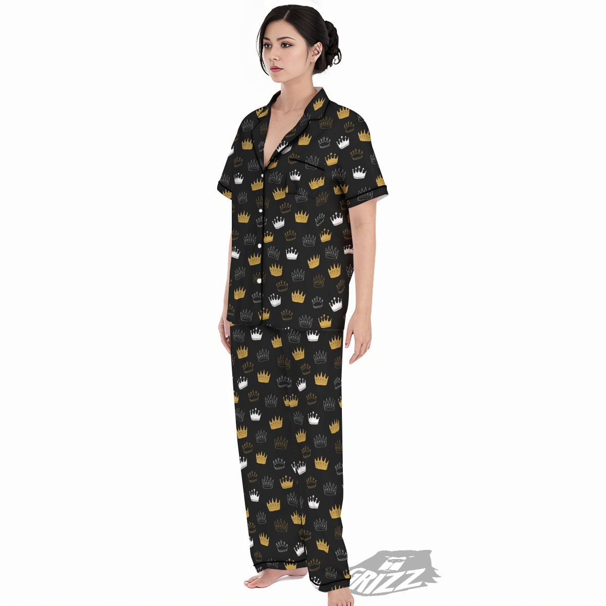 Crown Doodle Print Pattern Women's Pajamas Set-grizzshop