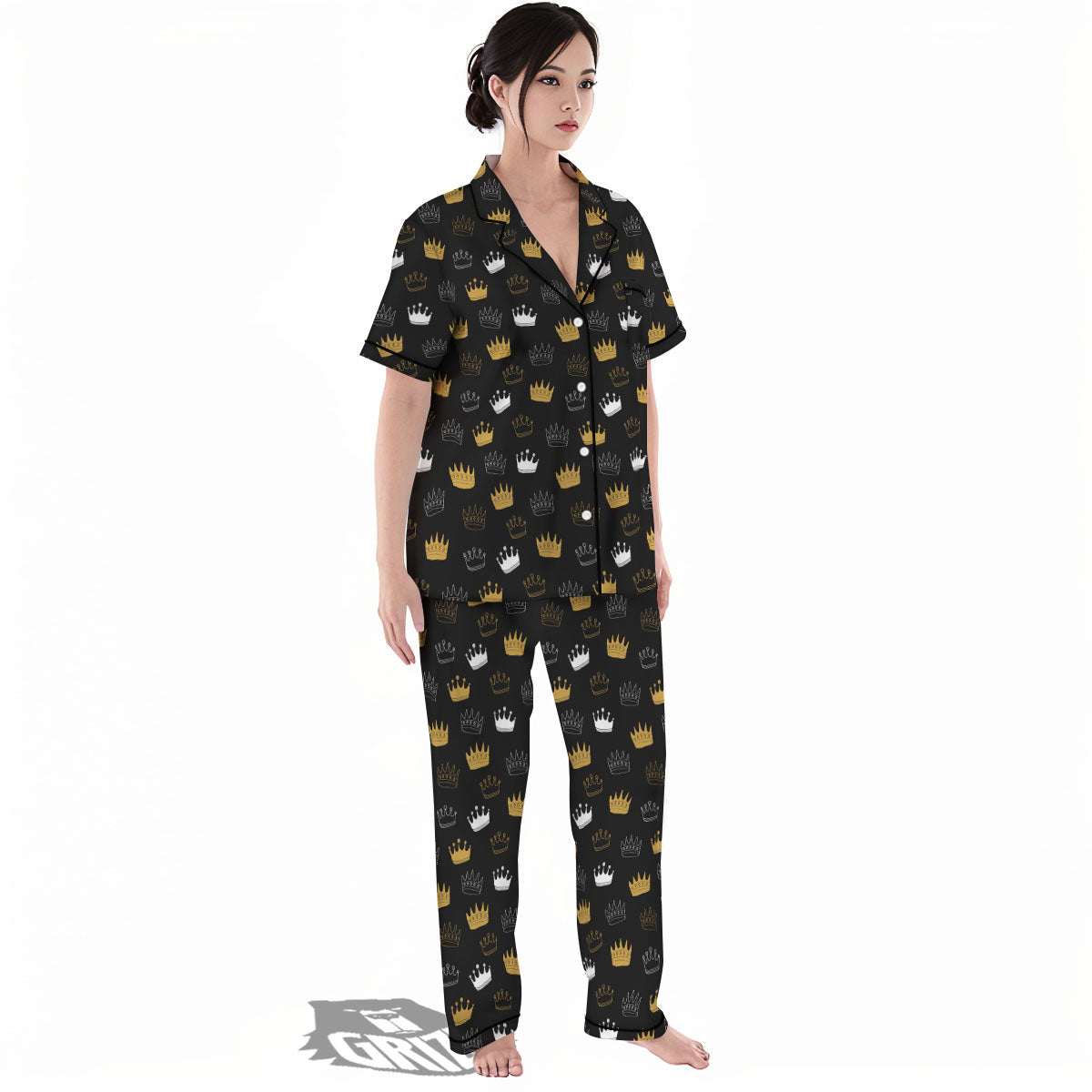Crown Doodle Print Pattern Women's Pajamas Set-grizzshop