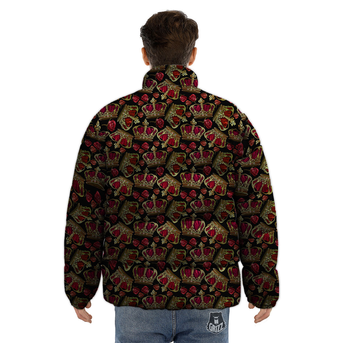 Crown Embroidery Print Pattern Puffer Jacket-grizzshop