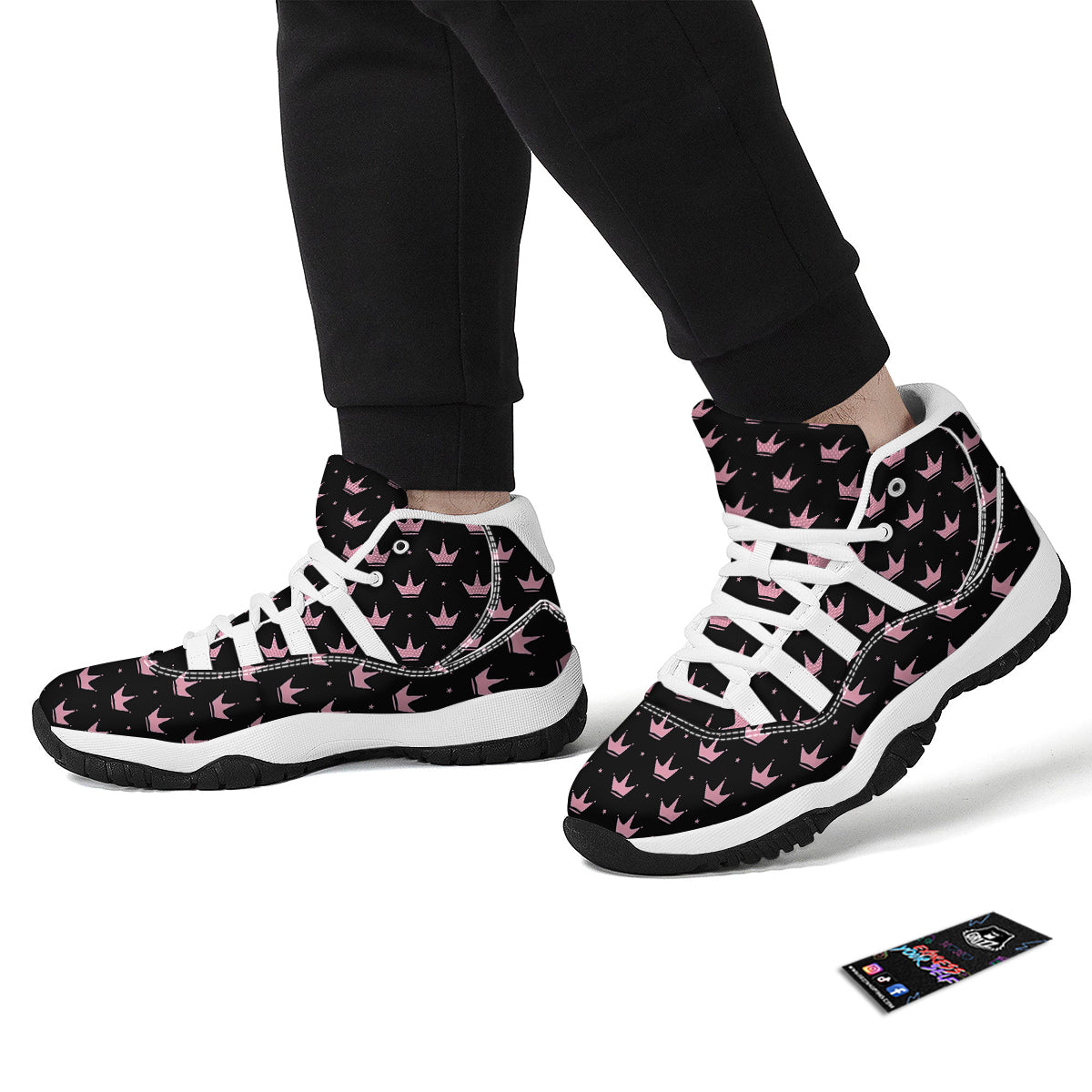Crown Pink Black Print Pattern White Bball Shoes-grizzshop