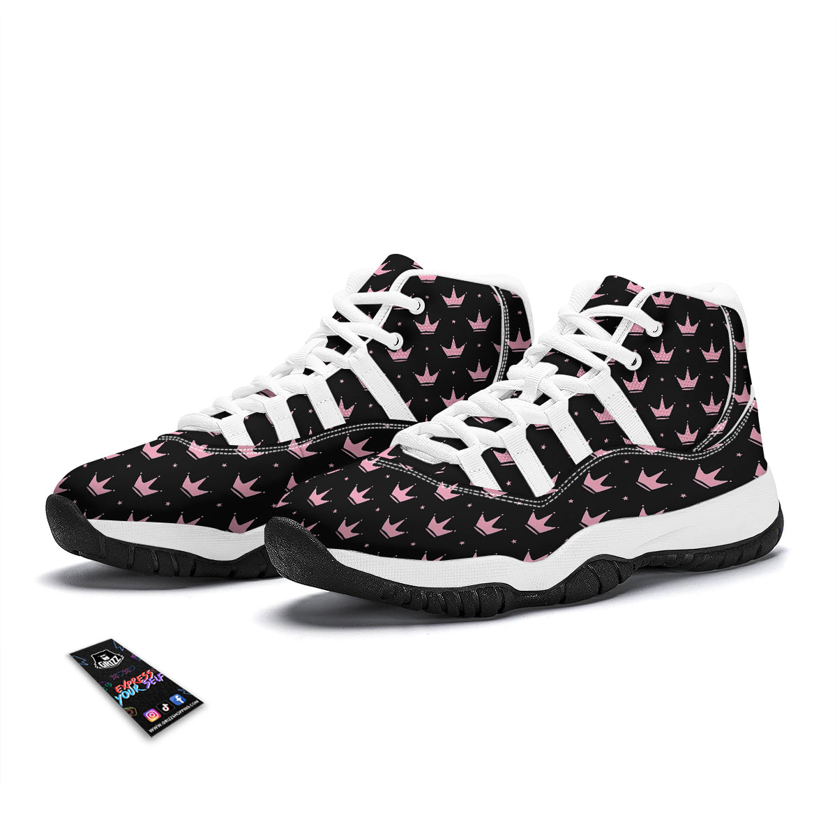 Crown Pink Black Print Pattern White Bball Shoes-grizzshop