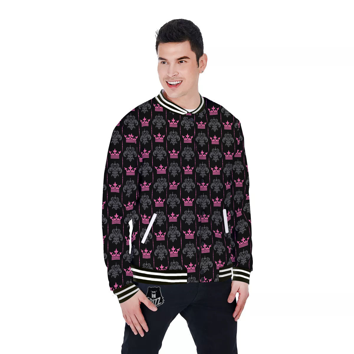 Crown Pink Print Pattern Baseball Jacket-grizzshop