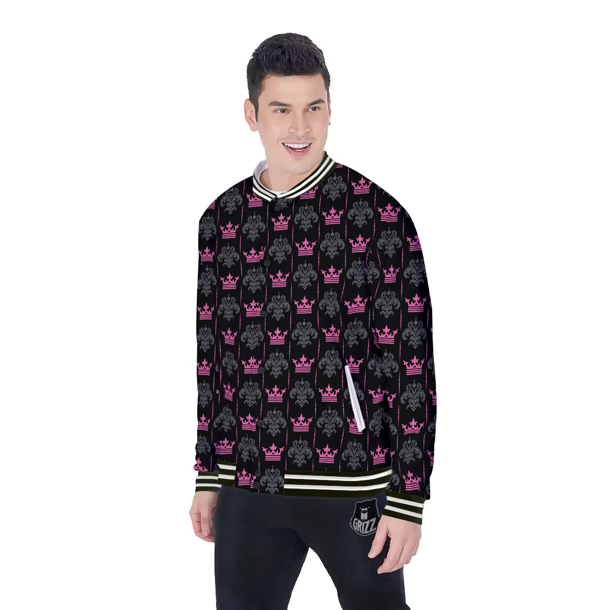 Crown Pink Print Pattern Baseball Jacket-grizzshop