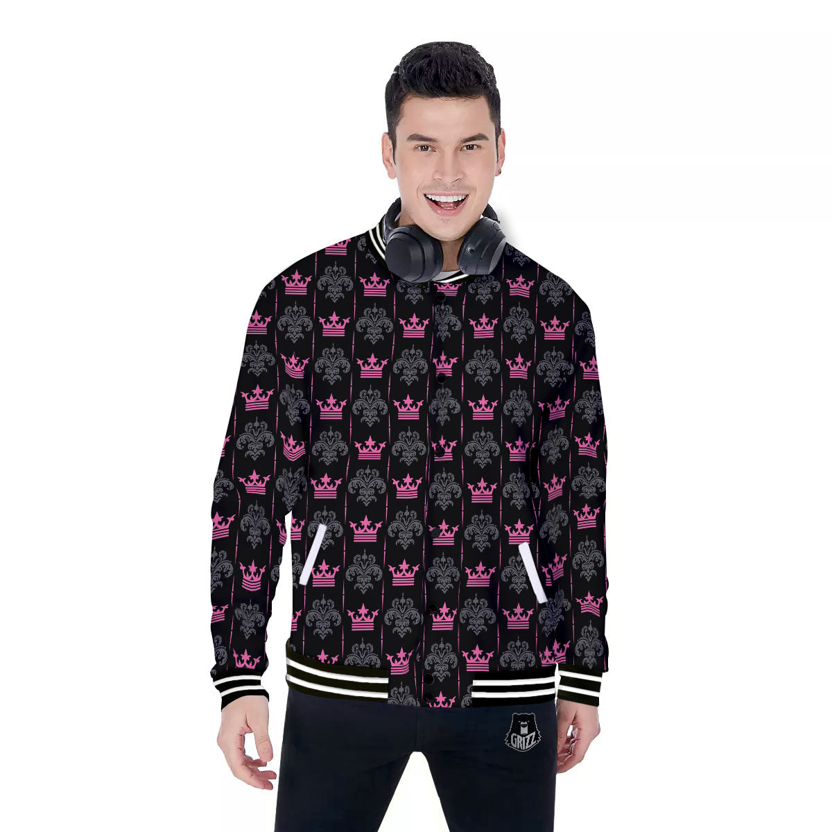 Crown Pink Print Pattern Baseball Jacket-grizzshop