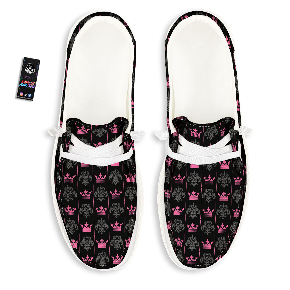 Crown Pink Print Pattern Black Loafers-grizzshop