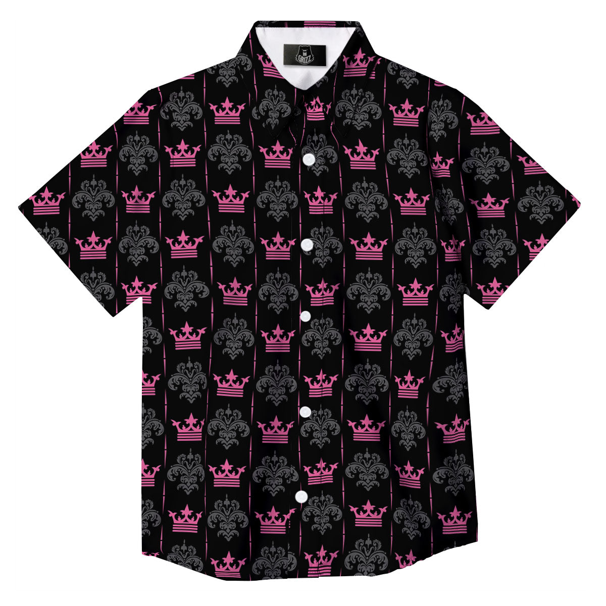 Crown Pink Print Pattern Button Up Shirt-grizzshop