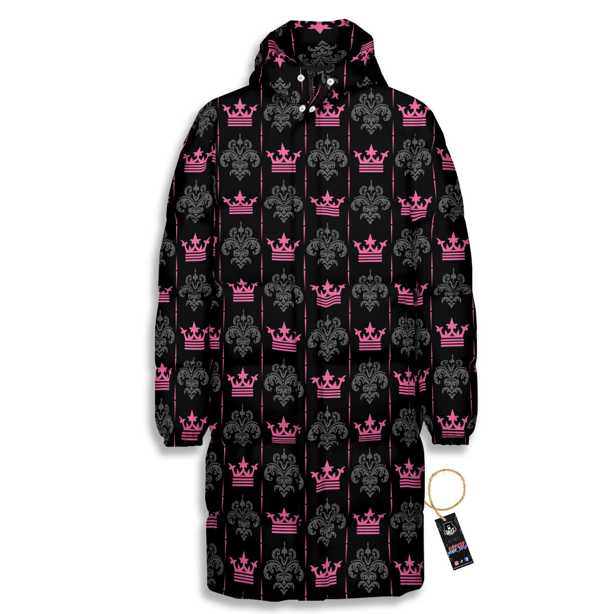 Crown Pink Print Pattern Long Down Jacket-grizzshop