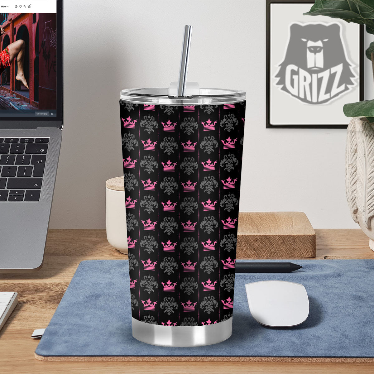 Crown Pink Print Pattern Tumbler-grizzshop