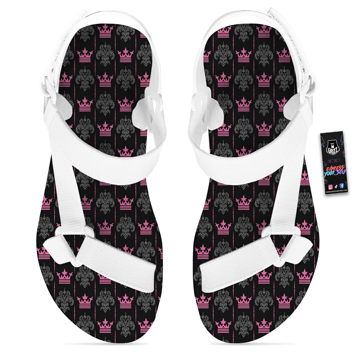 Crown Pink Print Pattern White Open Toe Sandals-grizzshop