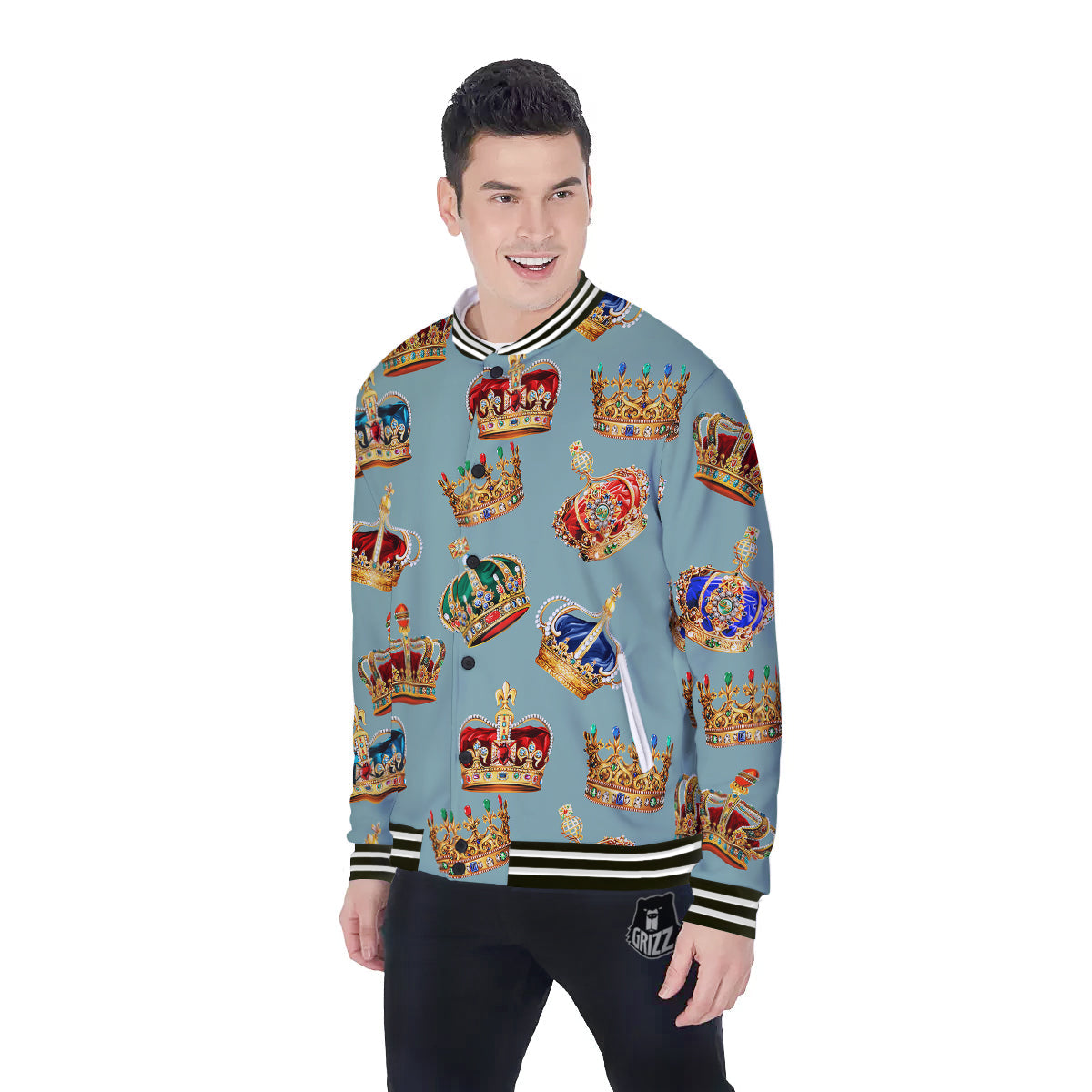 Crown Vintage Print Pattern Baseball Jacket-grizzshop
