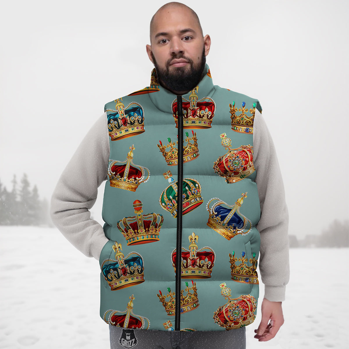 Crown Vintage Print Pattern Down Vest-grizzshop