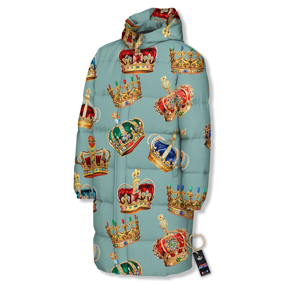 Crown Vintage Print Pattern Long Down Jacket-grizzshop
