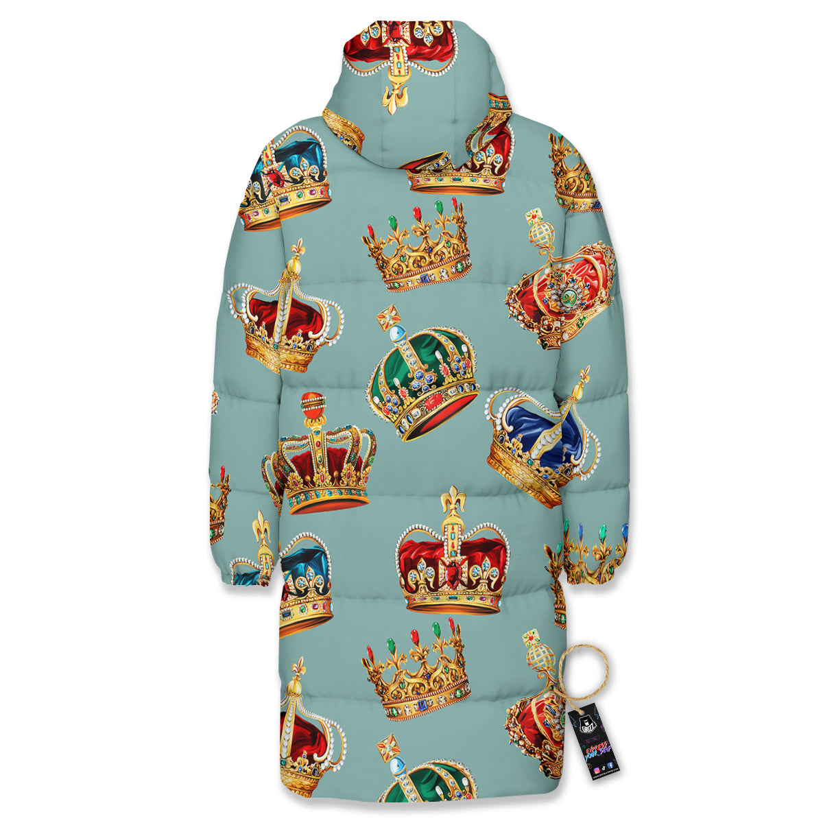 Crown Vintage Print Pattern Long Down Jacket-grizzshop