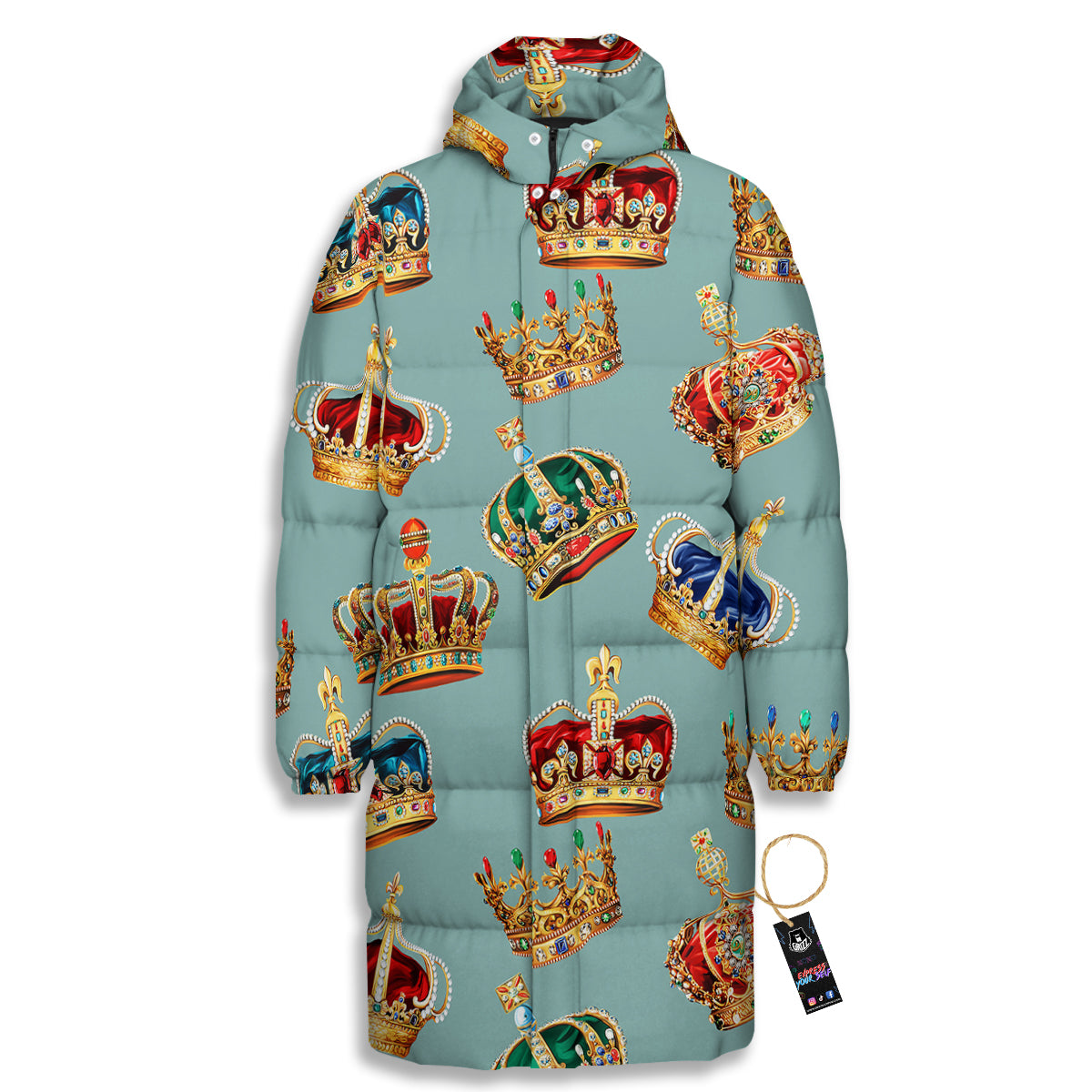 Crown Vintage Print Pattern Long Down Jacket-grizzshop