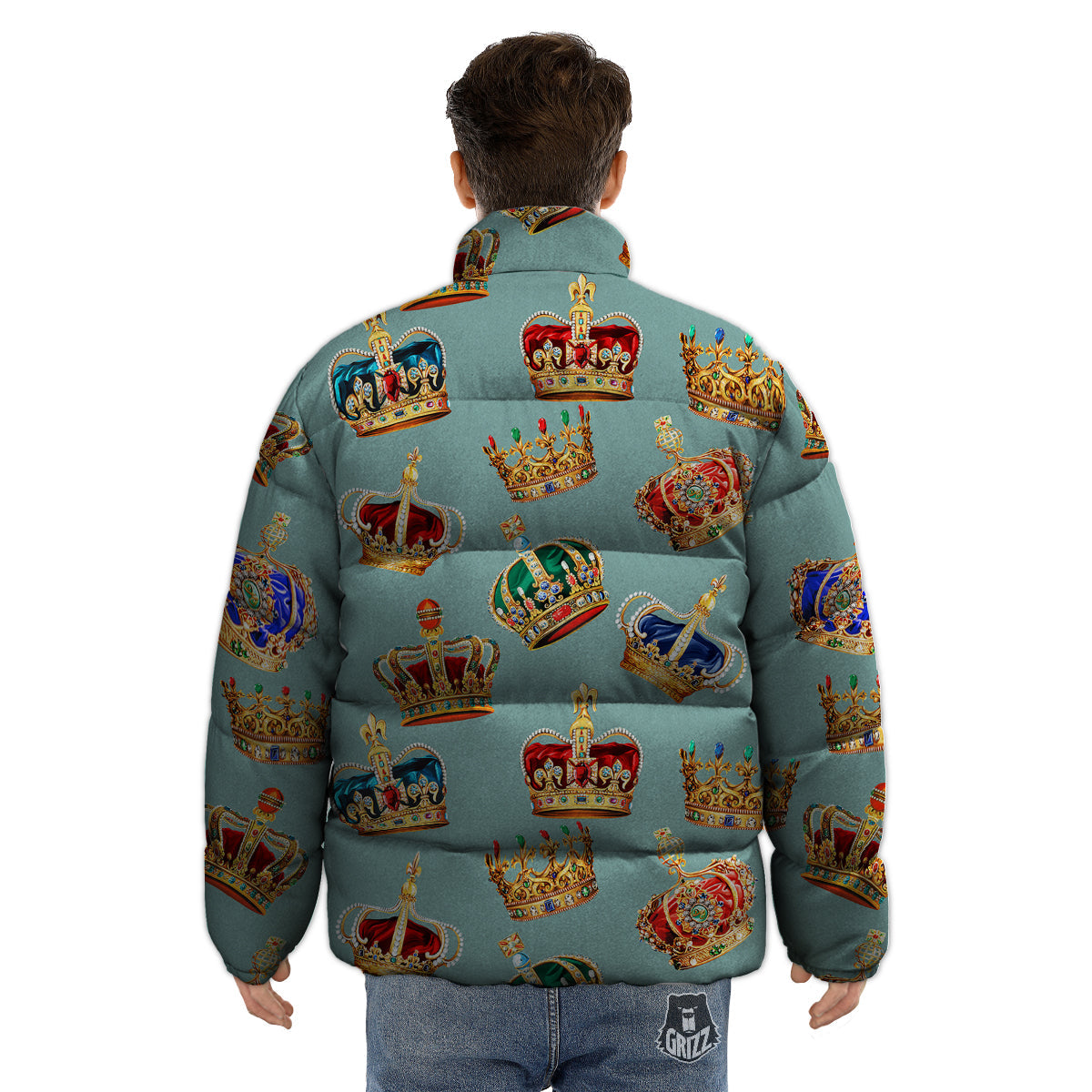 Crown Vintage Print Pattern Puffer Jacket-grizzshop