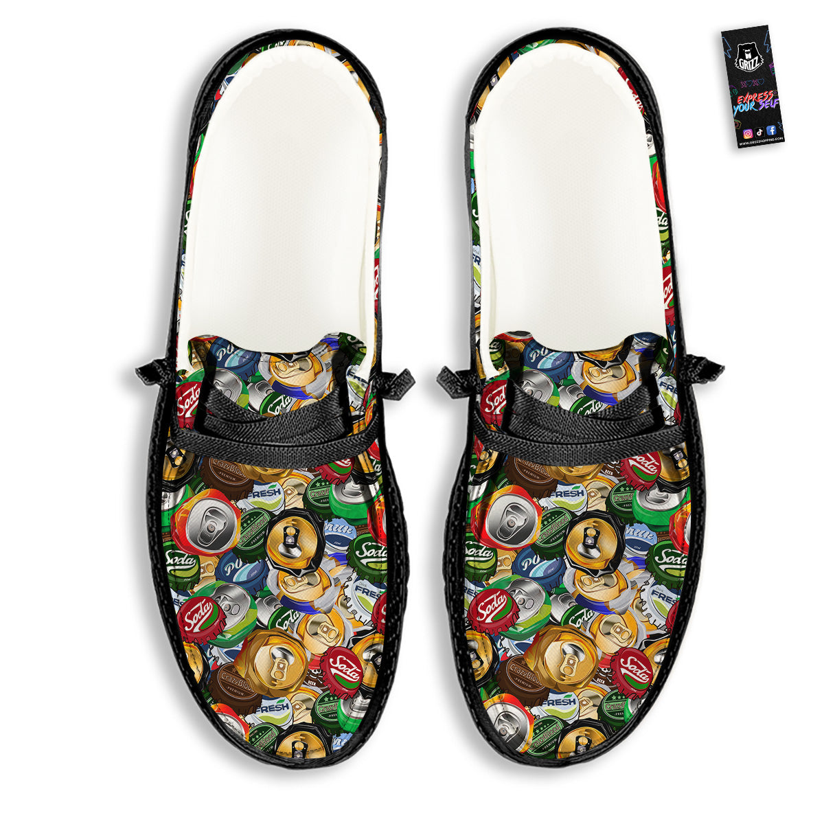 Crumpled Cans And Caps Print Pattern Black Loafers-grizzshop