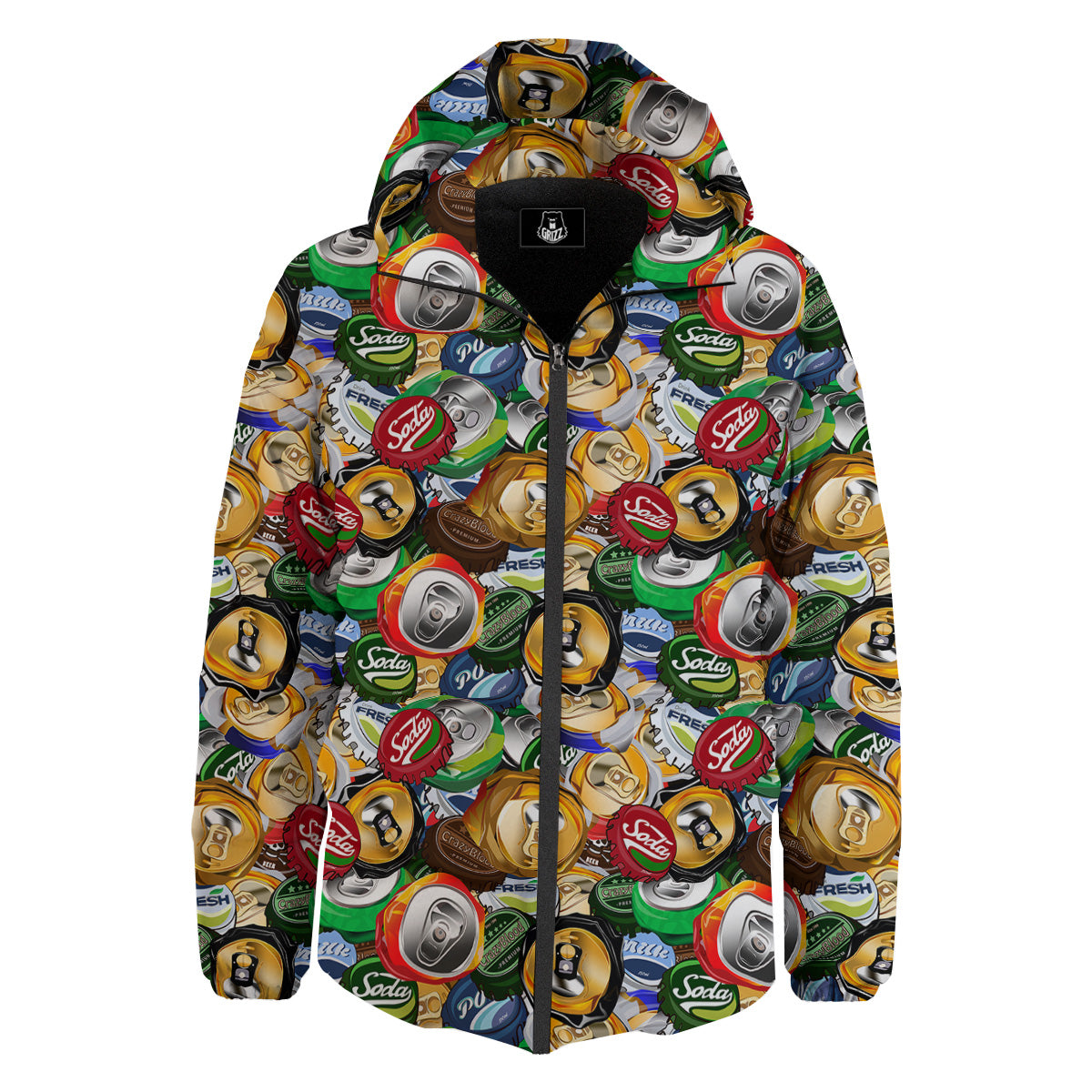 Crumpled Cans And Caps Print Pattern Down Jacket-grizzshop