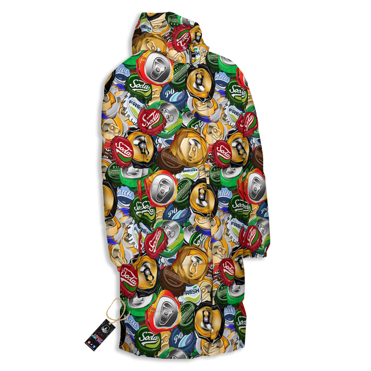 Crumpled Cans And Caps Print Pattern Long Down Jacket-grizzshop