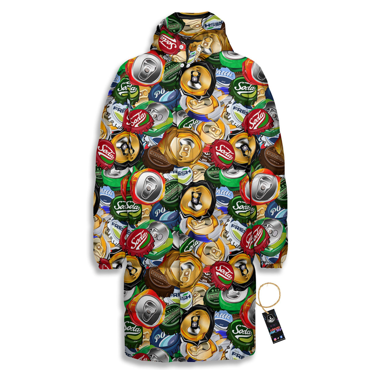Crumpled Cans And Caps Print Pattern Long Down Jacket-grizzshop
