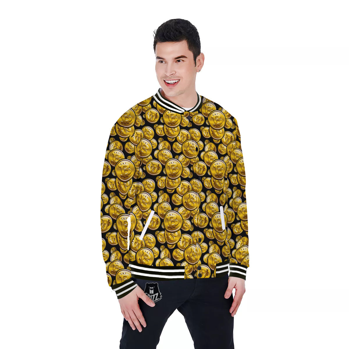 Crypto Bitcoin Print Pattern Baseball Jacket-grizzshop