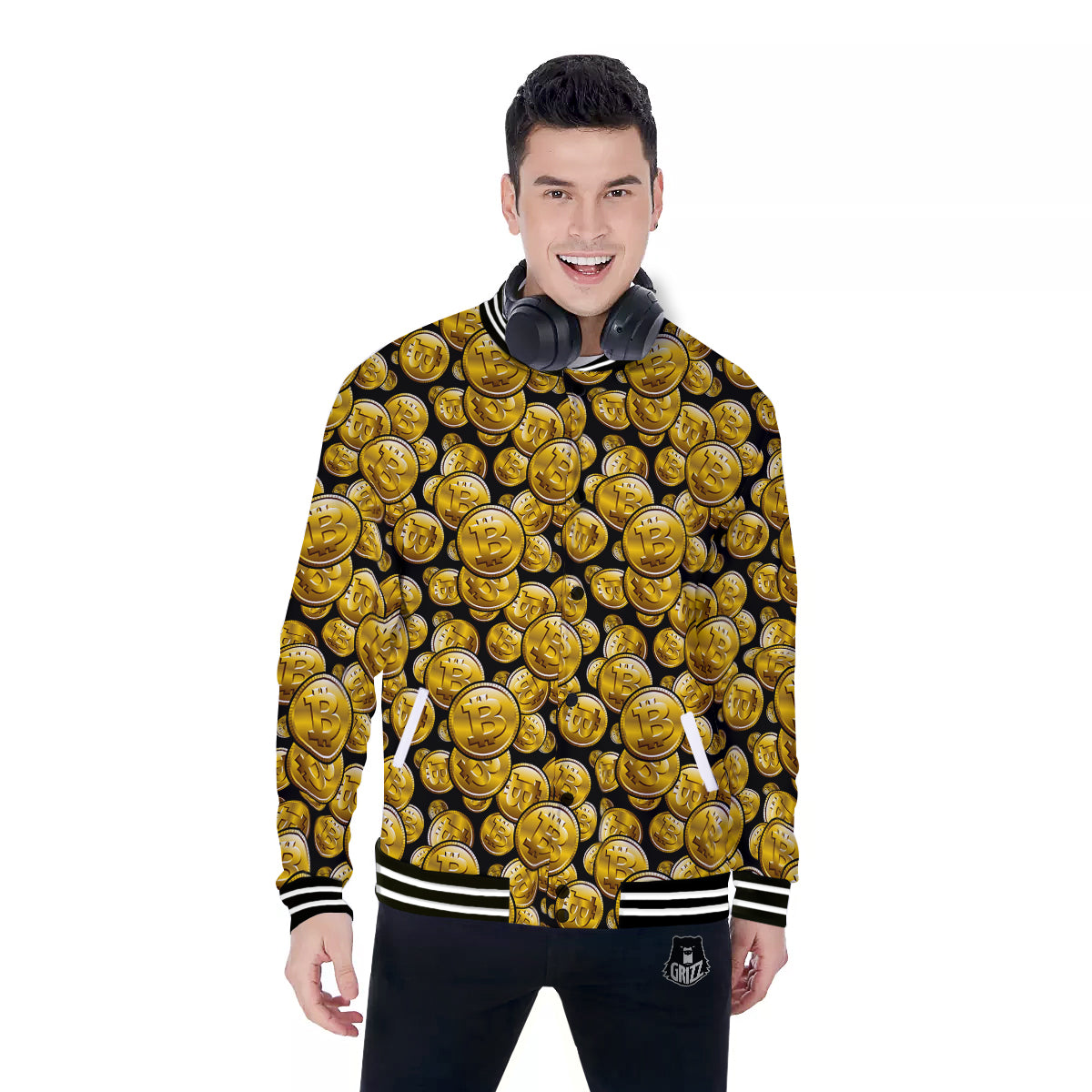 Crypto Bitcoin Print Pattern Baseball Jacket-grizzshop