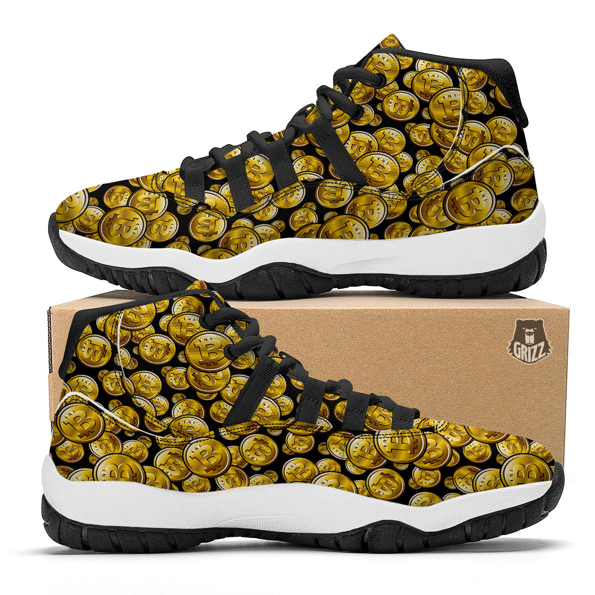 Crypto Bitcoin Print Pattern Black Bball Shoes-grizzshop