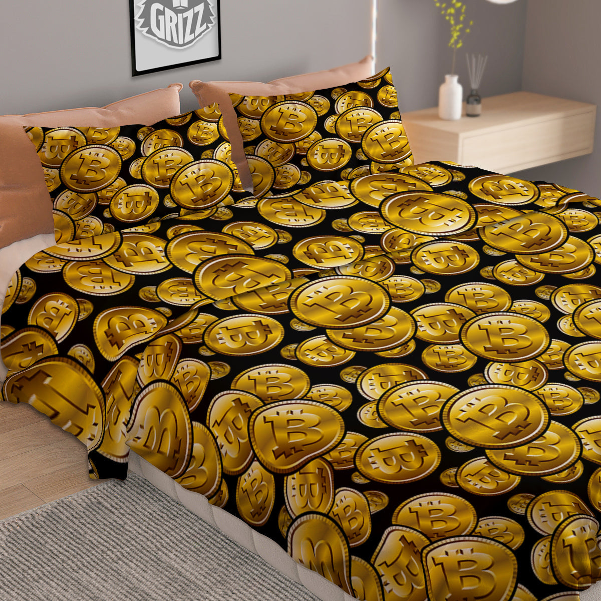 Crypto Bitcoin Print Pattern Duvet Cover Bedding Set