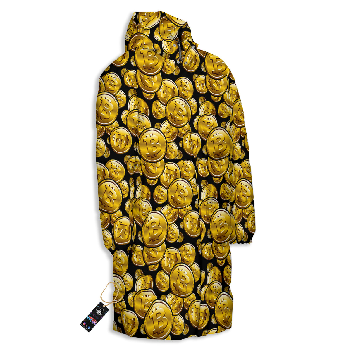 Crypto Bitcoin Print Pattern Long Down Jacket-grizzshop