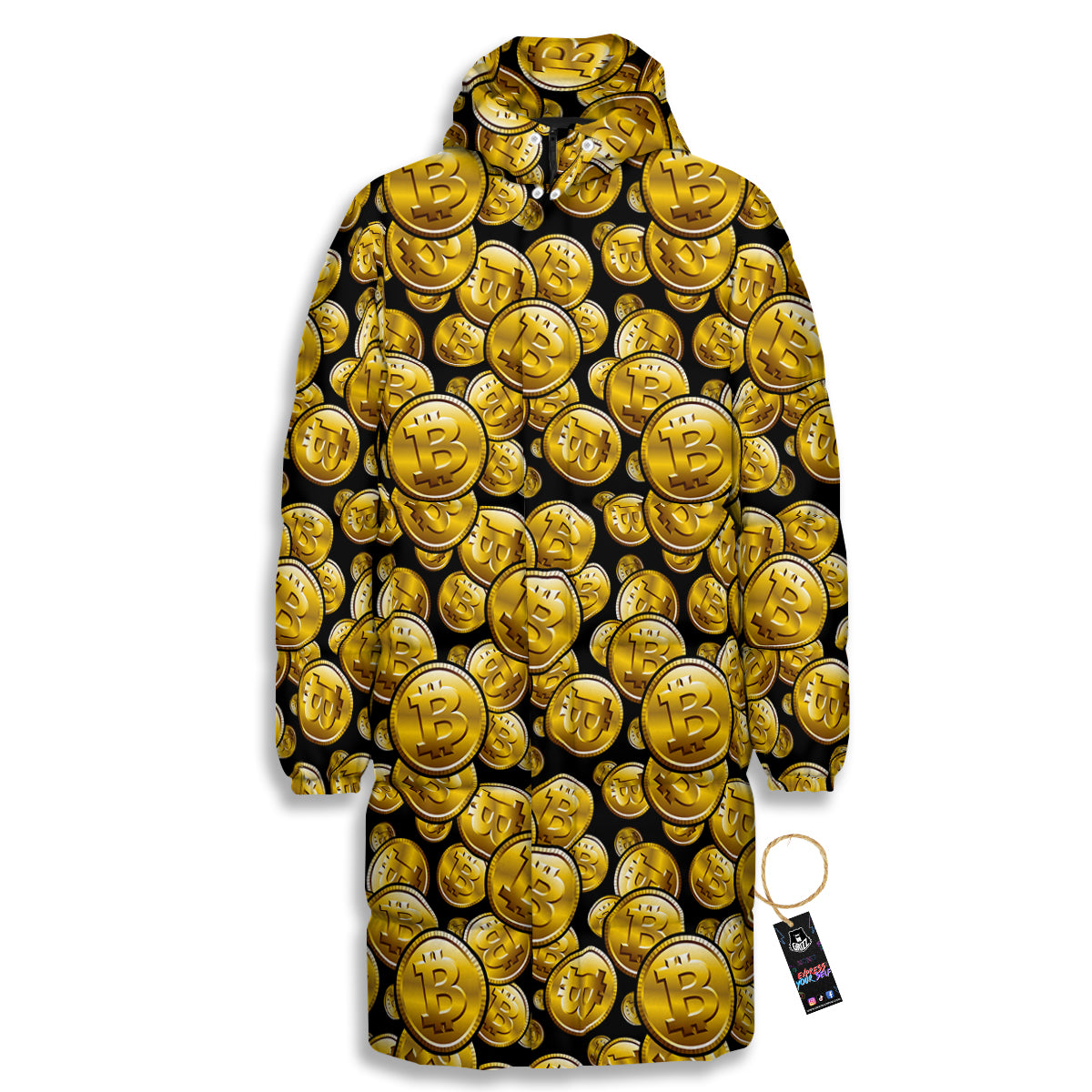 Crypto Bitcoin Print Pattern Long Down Jacket-grizzshop