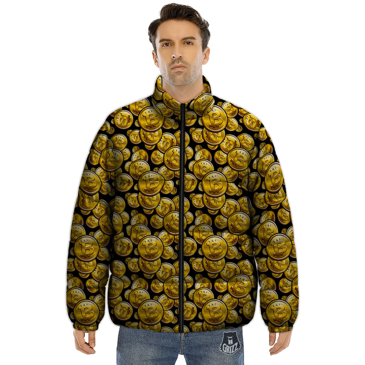 Crypto Bitcoin Print Pattern Puffer Jacket-grizzshop