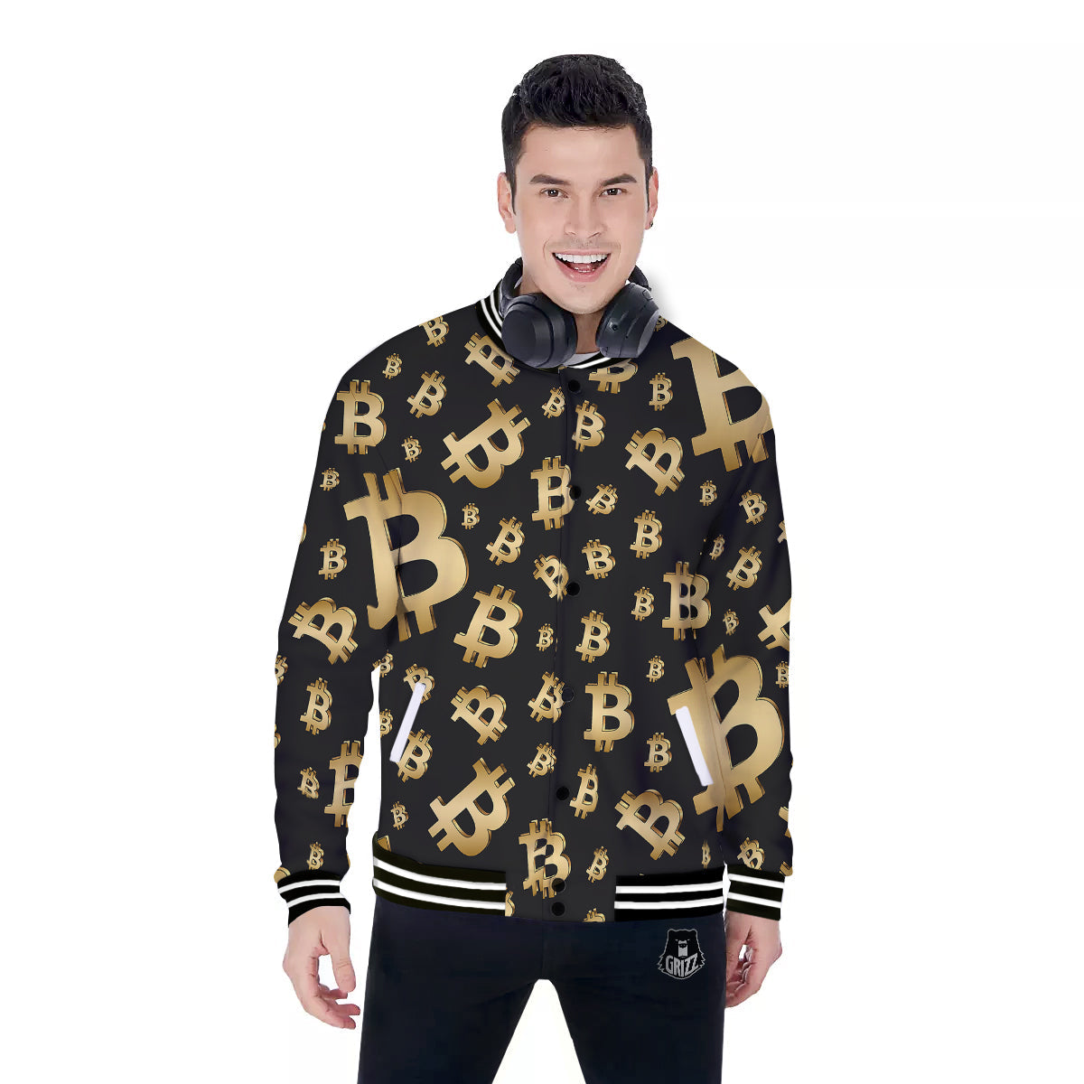Cryptocurrency Bitcoin Print Pattern Baseball Jacket-grizzshop