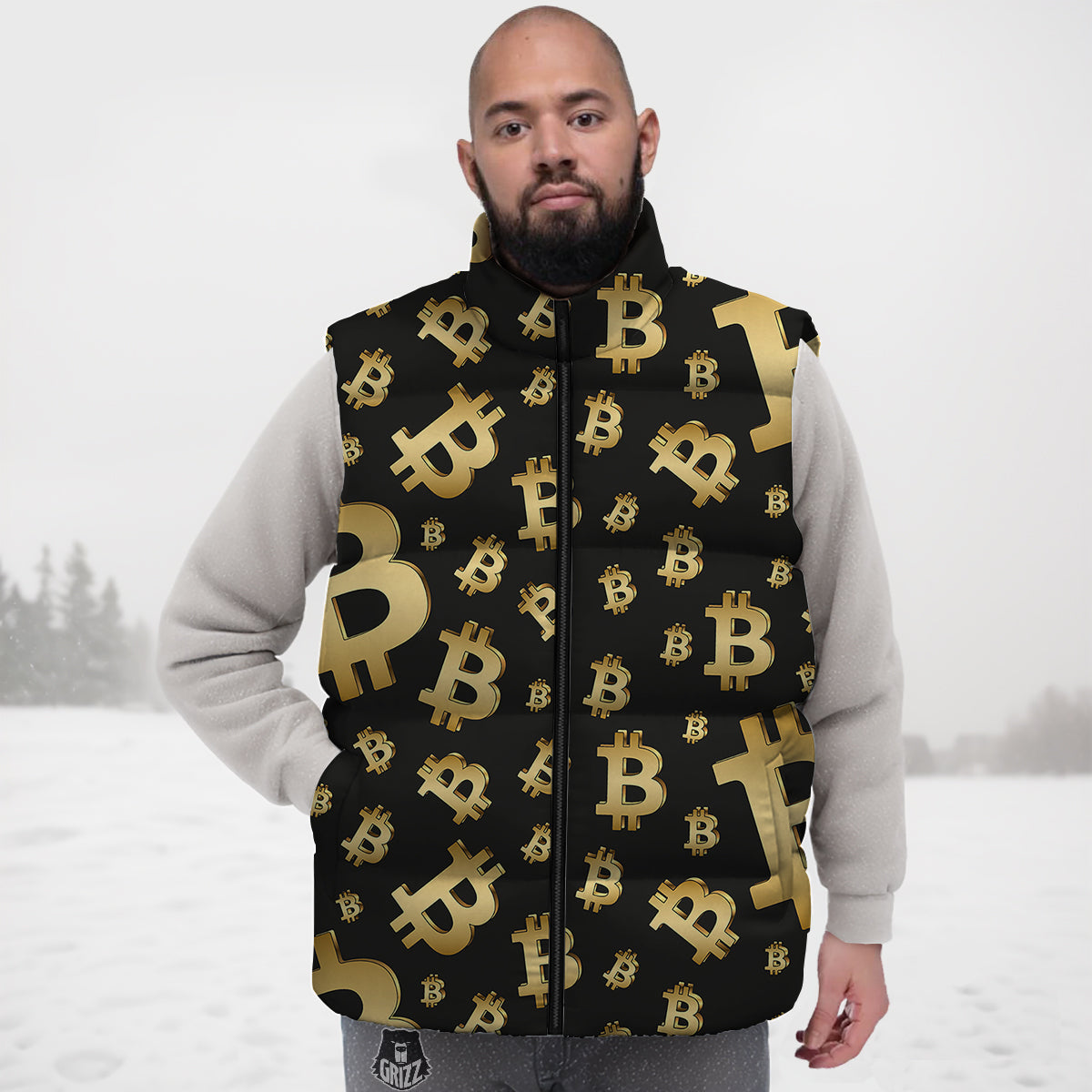 Cryptocurrency Bitcoin Print Pattern Down Vest-grizzshop