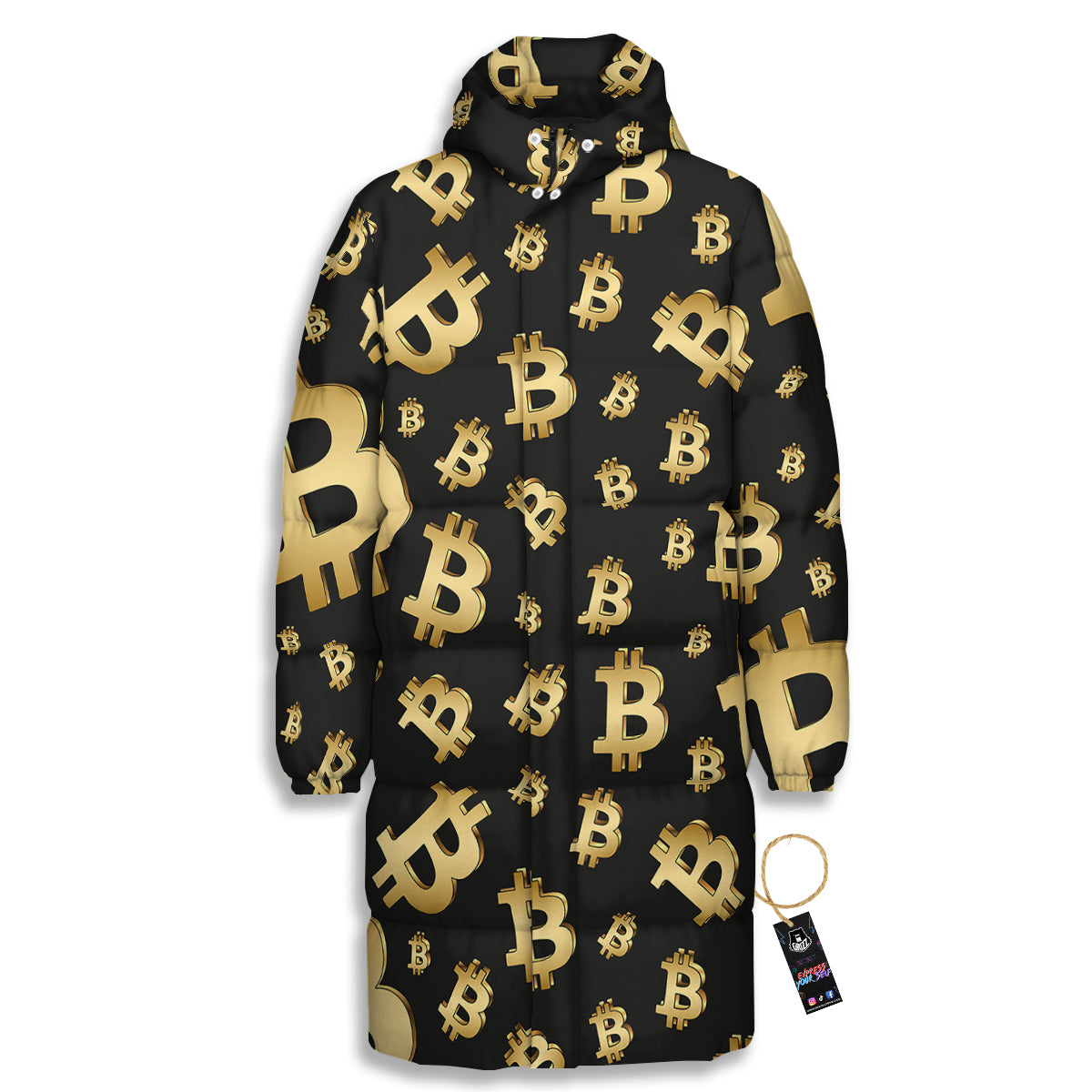 Cryptocurrency Bitcoin Print Pattern Long Down Jacket-grizzshop