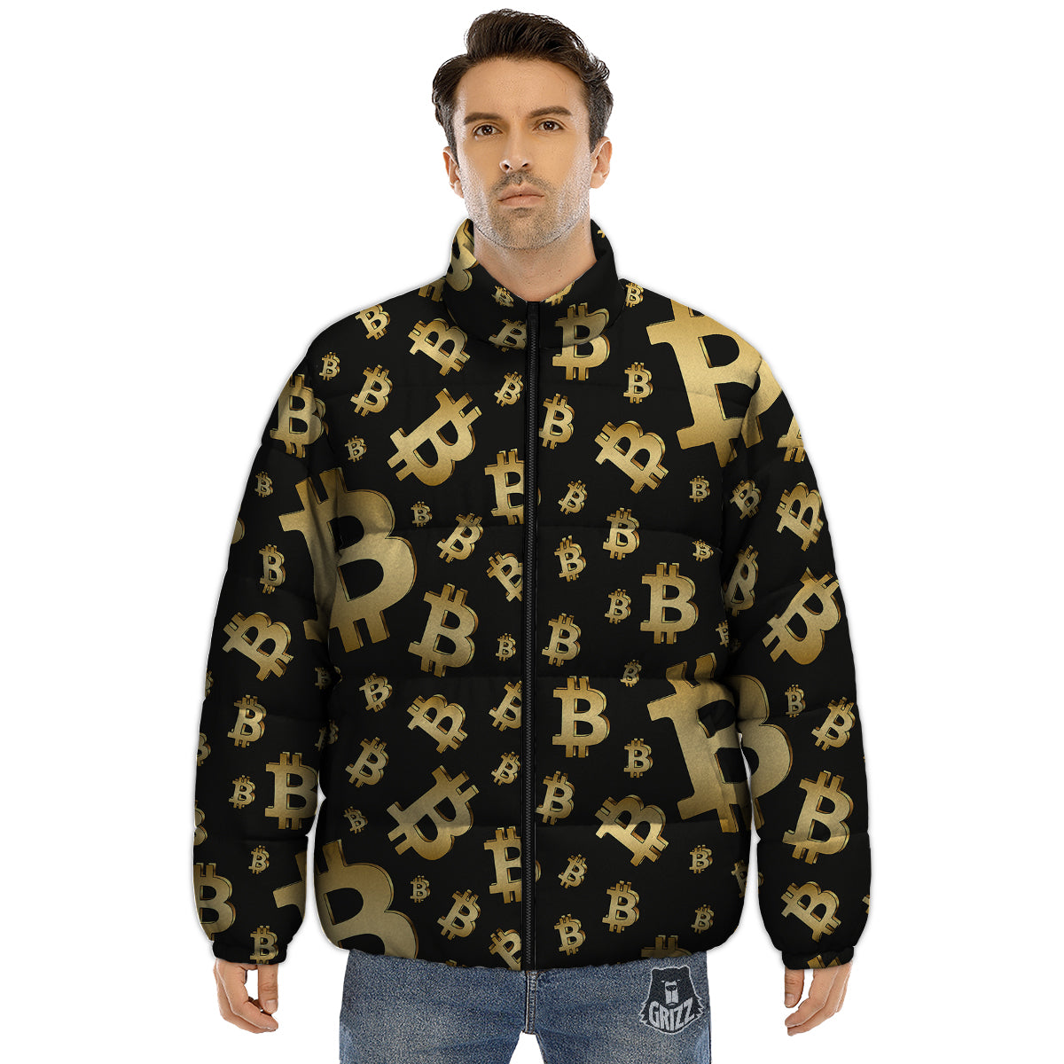 Cryptocurrency Bitcoin Print Pattern Puffer Jacket-grizzshop