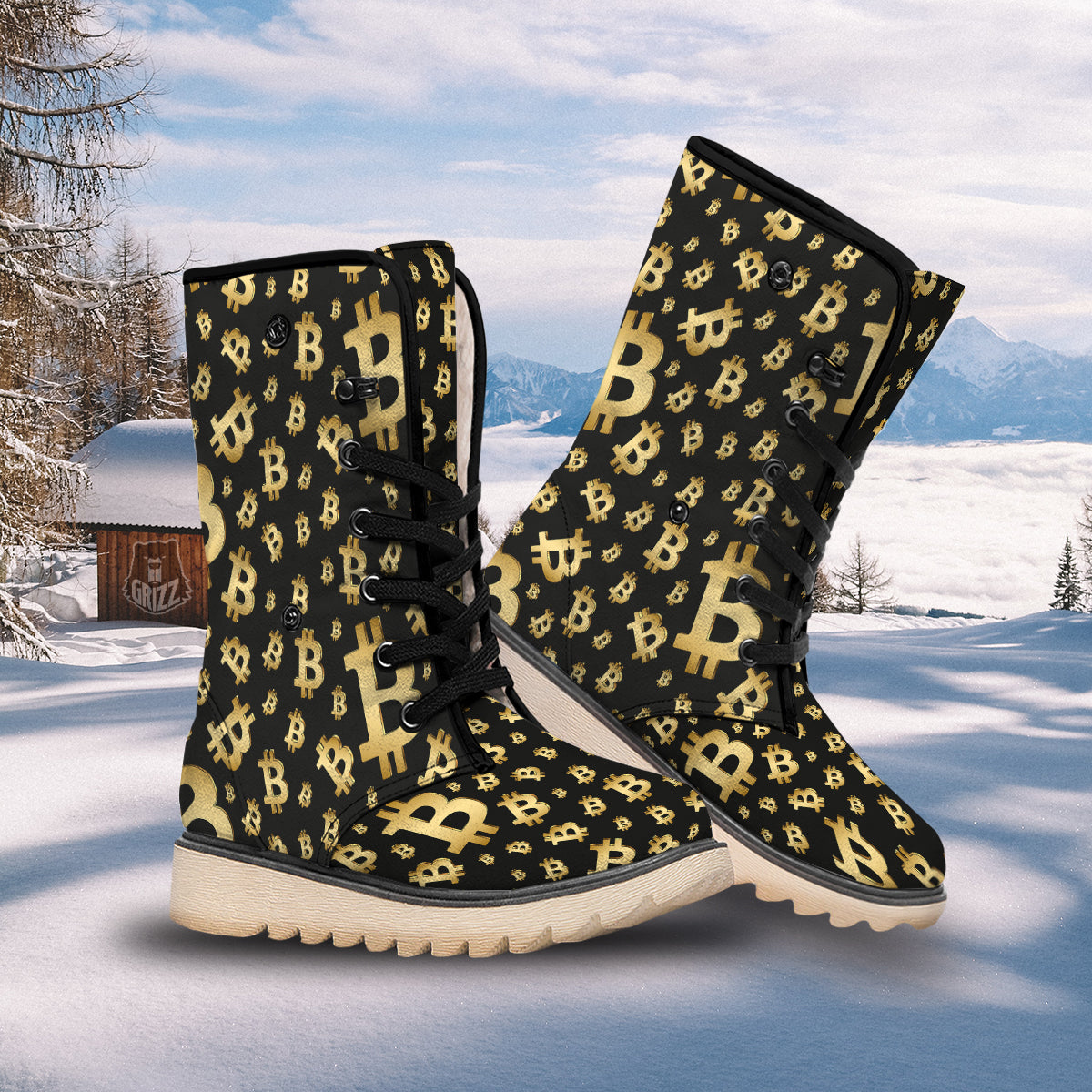Cryptocurrency Bitcoin Print Pattern Snow Boots-grizzshop