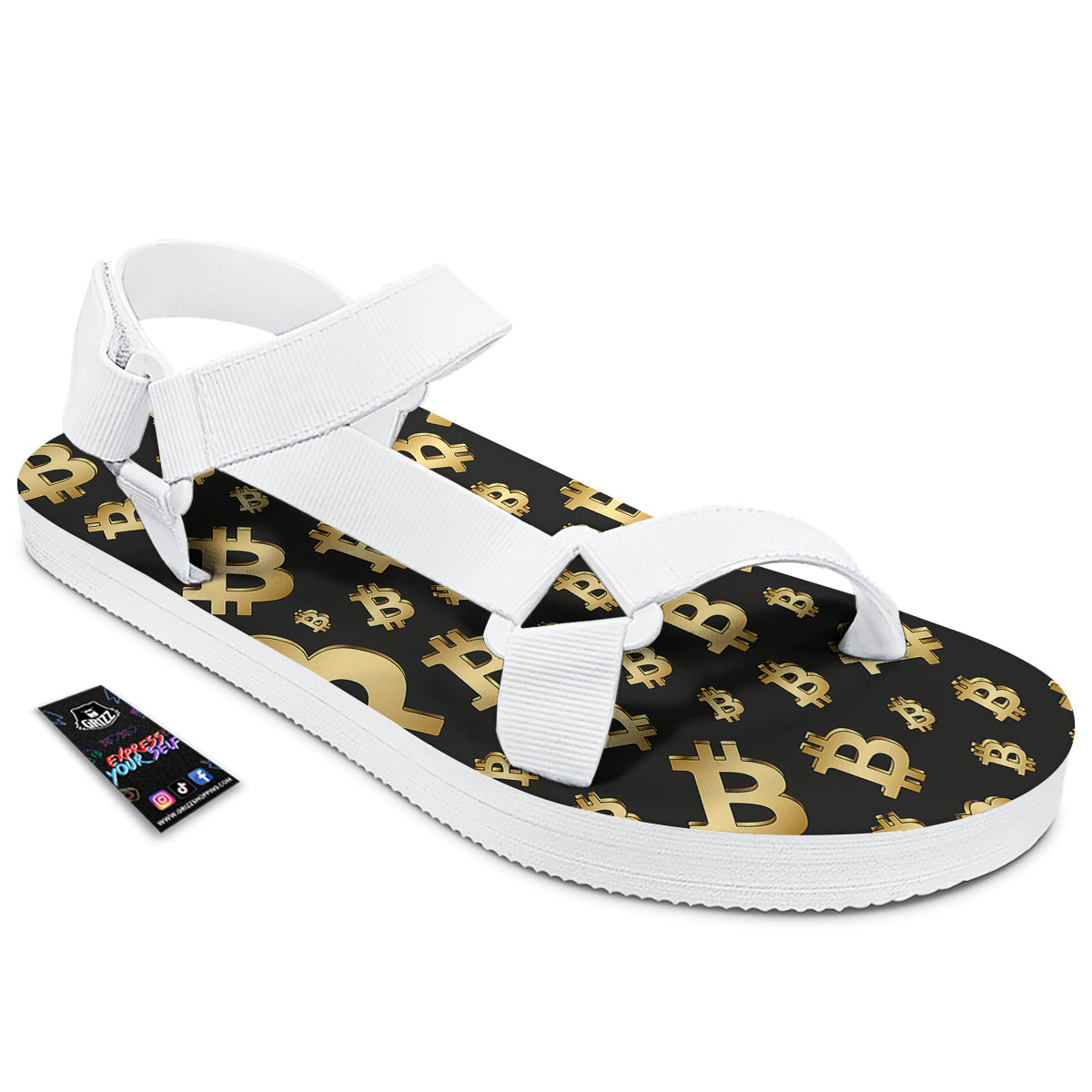 Cryptocurrency Bitcoin Print Pattern White Open Toe Sandals-grizzshop