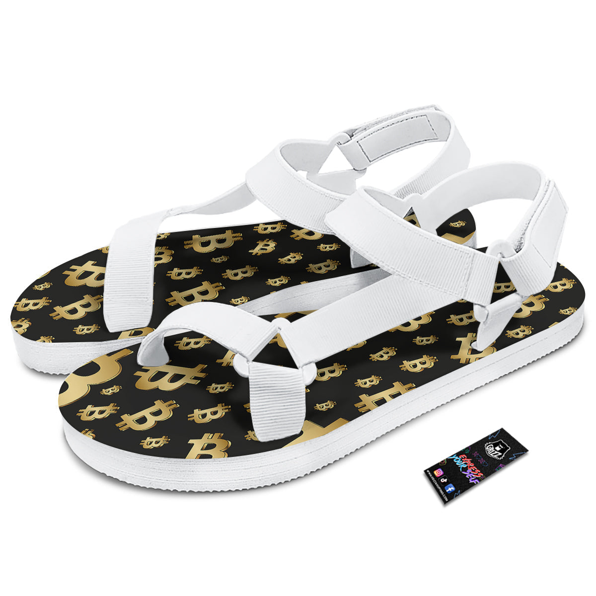 Cryptocurrency Bitcoin Print Pattern White Open Toe Sandals-grizzshop