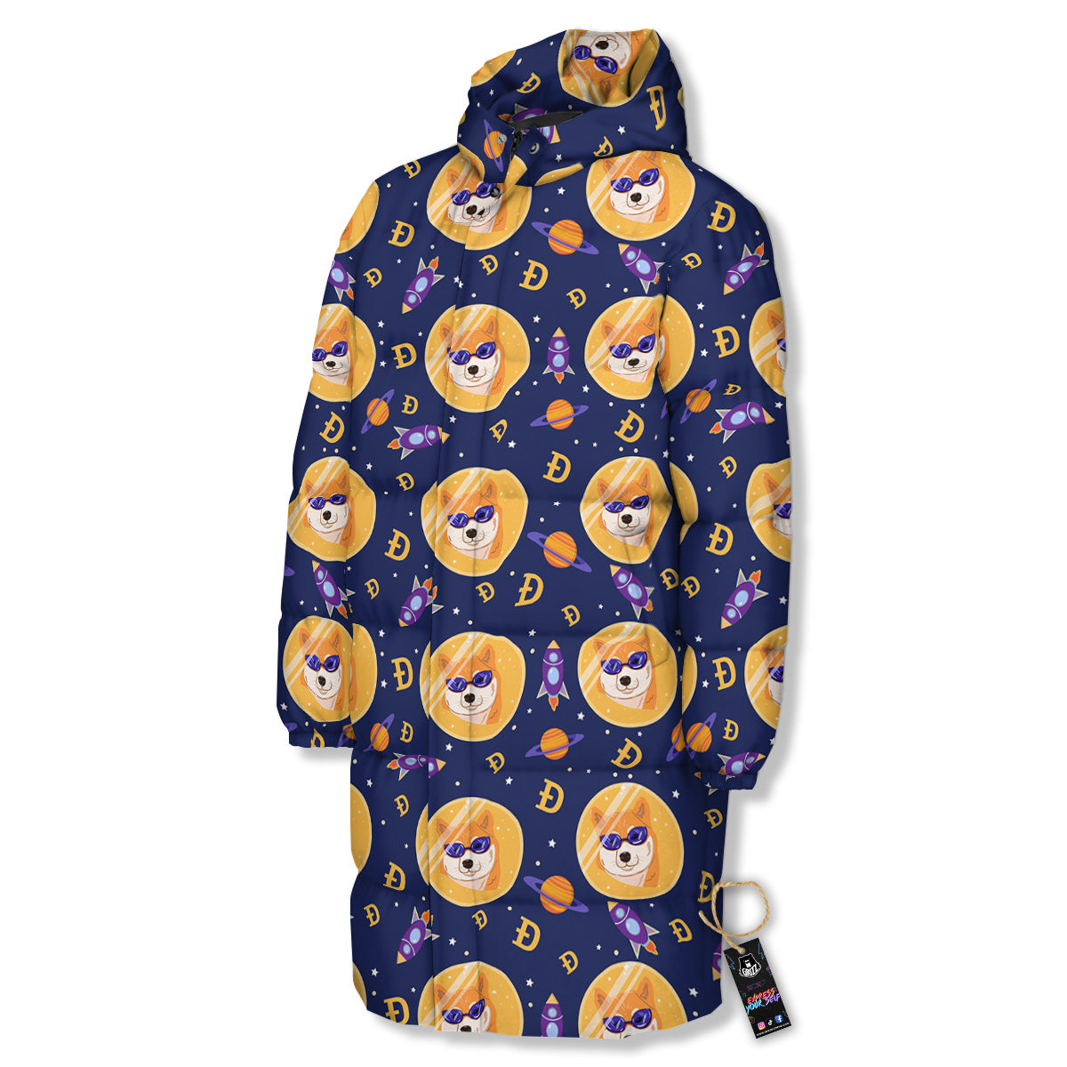 Cryptocurrency Shiba Print Pattern Long Down Jacket-grizzshop