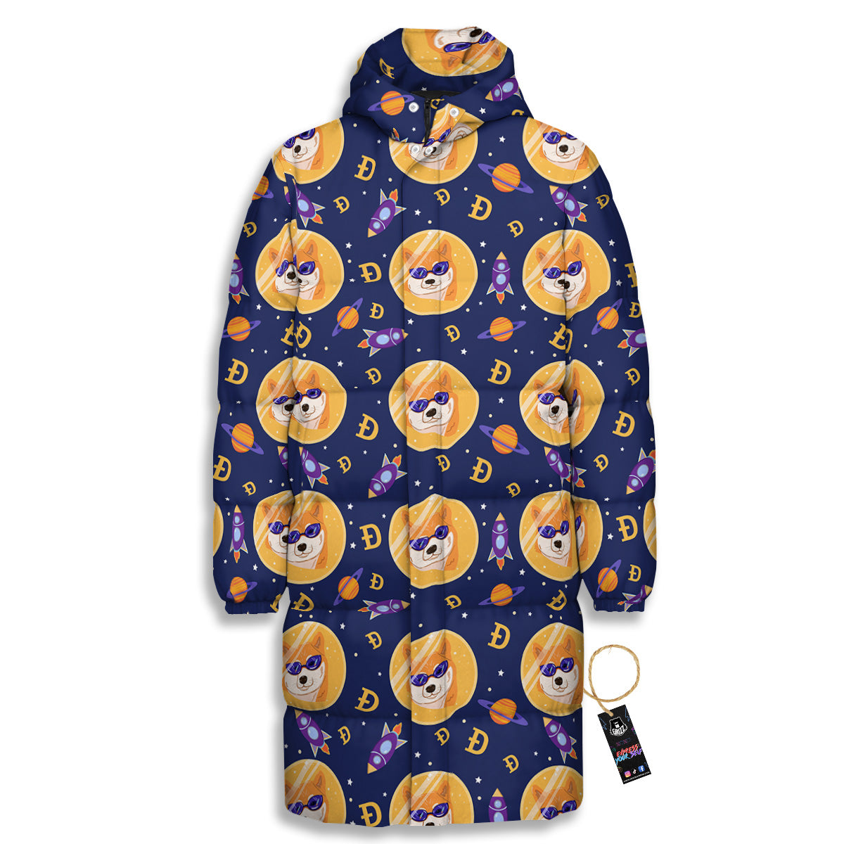 Cryptocurrency Shiba Print Pattern Long Down Jacket-grizzshop