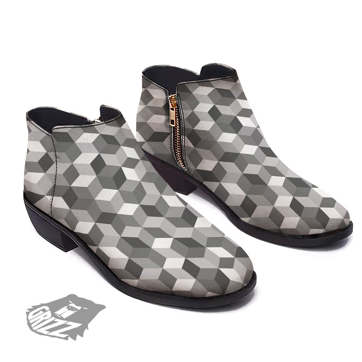 Cube Geometric Shape White Print Pattern Ankle Boots-grizzshop