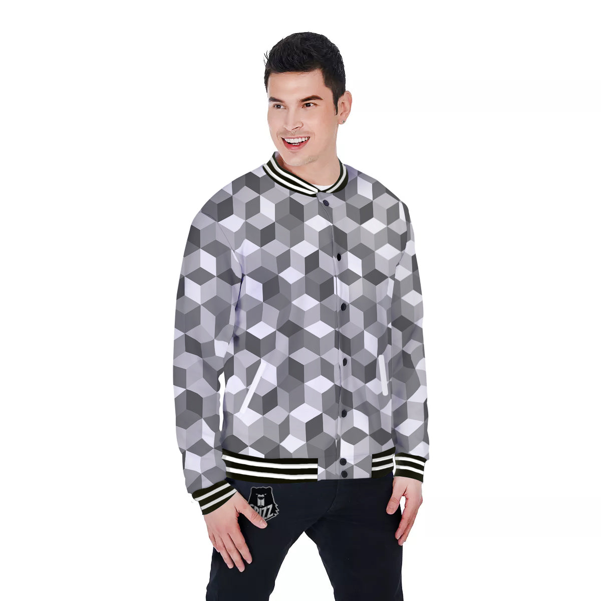 Cube Geometric Shape White Print Pattern Baseball Jacket-grizzshop